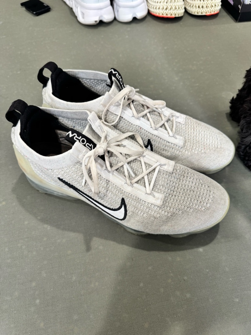 Nike Light Grey and Black Flyknit VaporMax Slip-On Sneakers